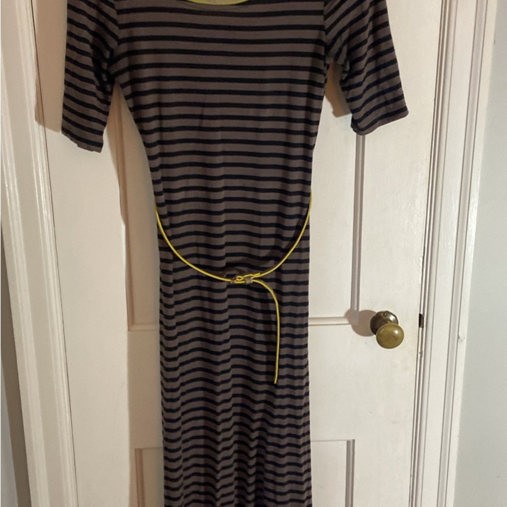 Striped Black and Gray Dress with lime green and grey Belt